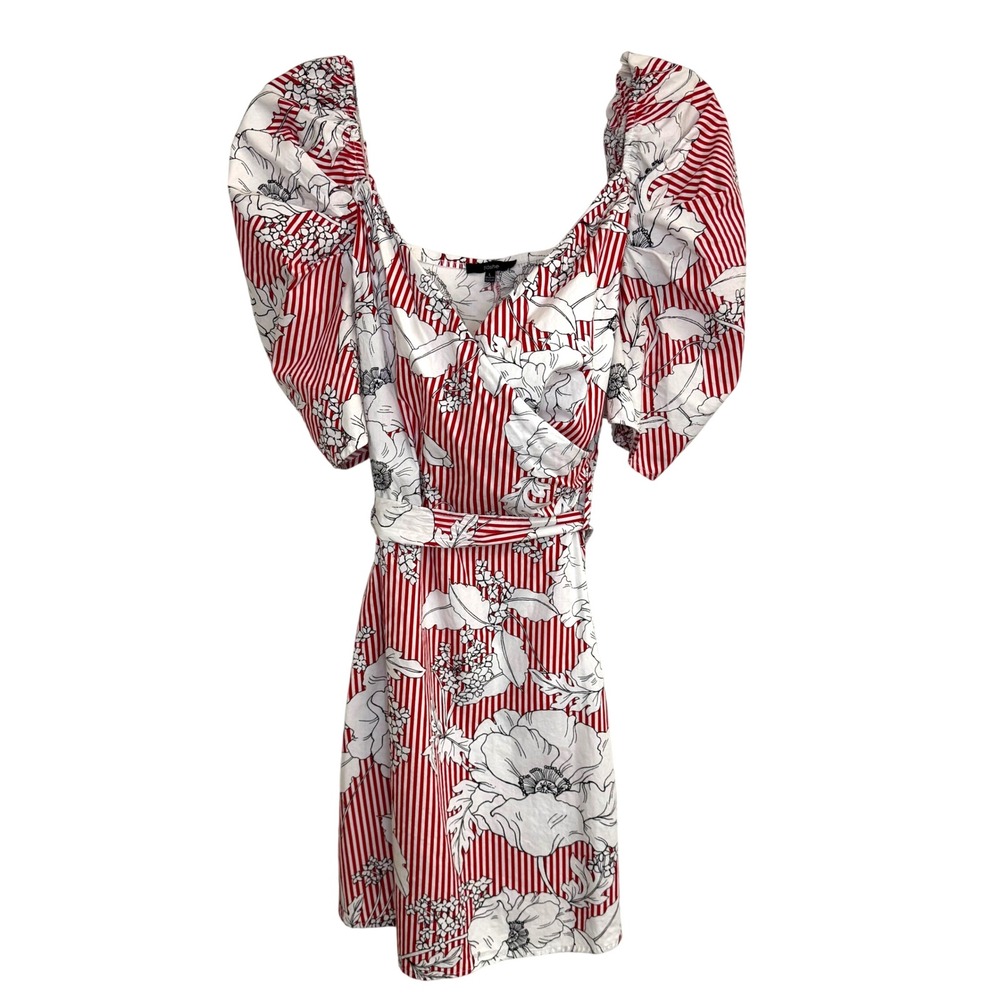 Blashe Red White Striped Floral Puff Sleeve Wrap Mini Dress ID3758-SR144 Large